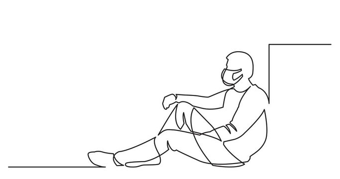 Animation of continuous line drawing of sitting man in protective mask thinking