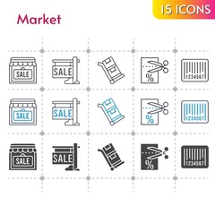 market icon set. included sale, shop, voucher, barcode, trolley icons on white background. linear, bicolor, filled styles.