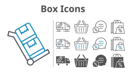 box icons icon set included shopping bag, chat, shopping-basket, delivery truck, shopping basket, trolley icons