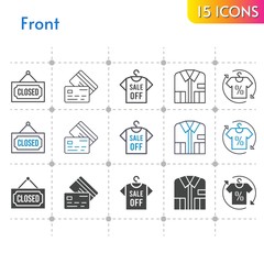 Fototapeta premium front icon set. included shirt, closed, credit card icons on white background. linear, bicolor, filled styles.