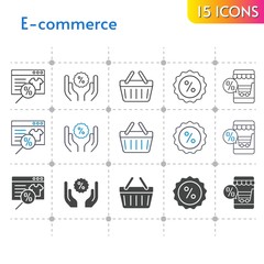 e-commerce icon set. included online shop, discount, shopping-basket, shopping basket icons on white background. linear, bicolor, filled styles.
