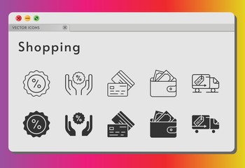 shopping icon set. included wallet, discount, credit card, delivery truck icons on white background. linear, filled styles.