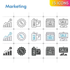 marketing icon set. included profits, shopping bag, sale, shop, discount icons on white background. linear, bicolor, filled styles.