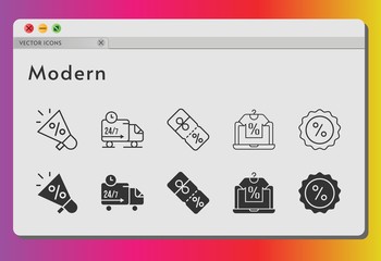 modern icon set. included megaphone, online shop, discount, delivery truck icons on white background. linear, filled styles.