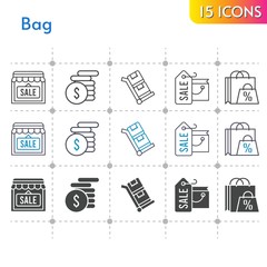 bag icon set. included shopping bag, shop, money, trolley icons on white background. linear, bicolor, filled styles.