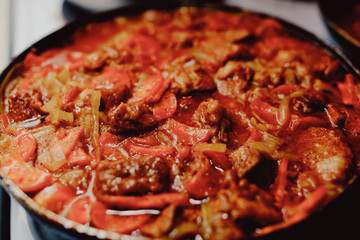 food fried stew meat stew vegetables tasty beautifully close in the pan

