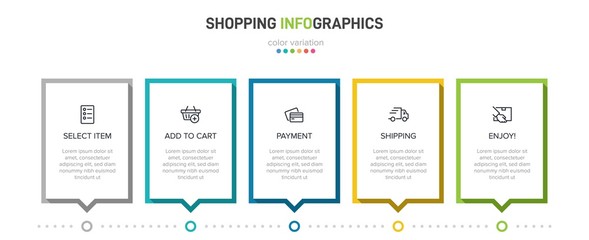 Concept of shopping process with 5 successive steps. Five colorful graphic elements. Timeline design for brochure, presentation, web site. Infographic design layout.