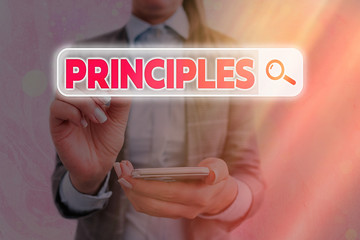 Text sign showing Principles. Business photo text fundamental truth that serves as the base for a...