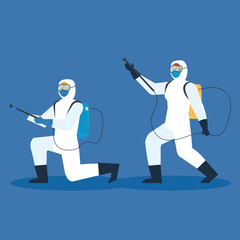 people with protective suit or spraying viruses of covid 19, desinfection virus concept