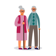 Old couple cartoon characters walking flat vector illustration isolated.