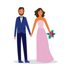 Couple in love in evening or wedding outfit, flat vector illustration isolated.