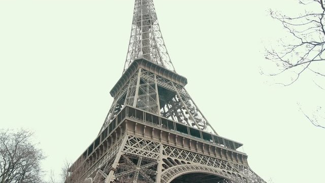 The Famous French Metal Eiffel Tower In Paris. European Romantic Symbol Of Love. Close Up
