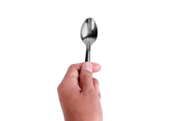 Hand holding Stainless steel teaspoon isolated on white background.