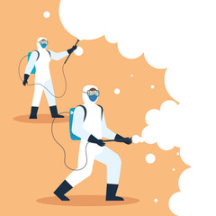 people with protective suit or spraying viruses of covid 19, desinfection virus concept