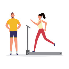 Personal trainer and woman on treadmill flat vector illustration isolated.