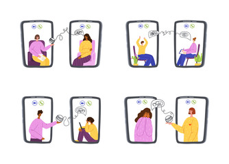 Psychological online services - personal distance support or assistance at home by internet. Upset people crying, talking with psychologist by phone, individual therapy session or consultation vector