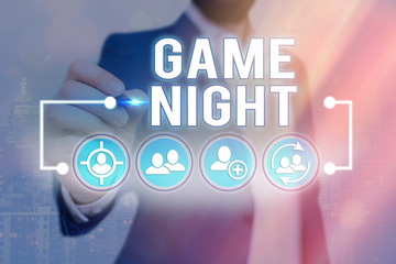 Word writing text Game Night. Business photo showcasing usually its called on adult play dates like...