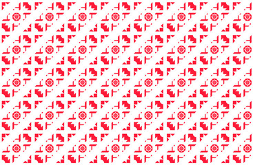 Diagonal bands of red abstract shapes in a repeating pattern on a white background