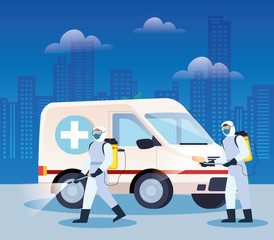 vehicle ambulance disinfectant services for covid 19 disease vector illustration design