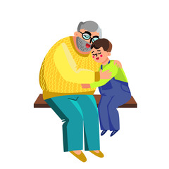 Grandfather Hugging Grandson On Branch Vector Illustration