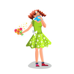Allergy Woman Sneezing In Handkerchief Vector Illustration