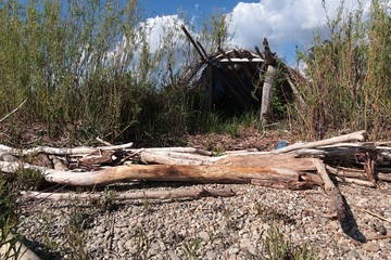 Improvised fisherman shelter half hidden in vegetation on river bank, made of driftwood and blue...