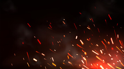 Weld sparks or metal cutting blade work background. Realistic firework, petard flare or steaming campfire. Bright light of electric circular saw, flying sparkling scintilla on black 3d vector backdrop © klyaksun