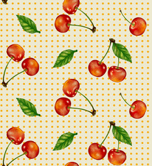 シームレスパターン　手描き風　ドット　さくらんぼ　ベクターイラスト