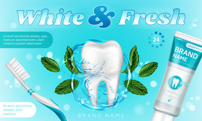 Toothpaste tube, brush and tooth in water splash with mint leaves. Vector realistic brand poster with product for dental care, paste for oral clean and whitening. Promo banner, advertising background