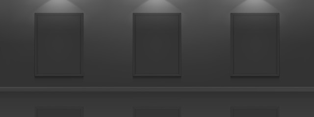 Black movie posters mockup. Blank picture frames on dark wall background in cinema, theater, museum or gallery interior. Empty advertising banners with border and backlight realistic 3d vector mock up