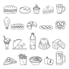 A collection of food items, linear illustration.