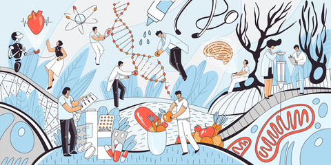 Vector flat medical concept illustration. Heart and brain check up, genetic and cells research, drug and vitamins spot illustrations in one composition with doctor, scientists characters