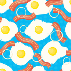 fried eggs with bacon and onion pattern on a blue background