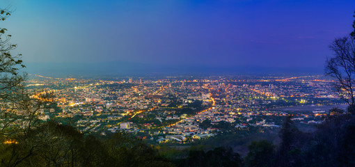 Beautiful of Landscape View cityscape over The color of the lights and city center of Chiang mai,Thailand at twilight night background.