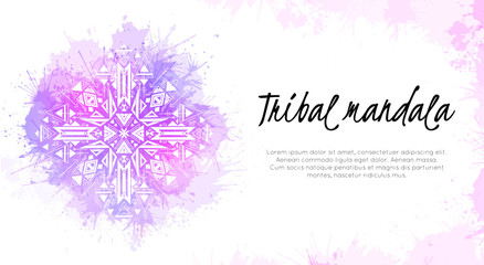 Horizontal mystic card with folk pattern and place for text. Tribal geometric mandala with watercolor splashes. Vector native template for covers, banners, business cards and your creative network.