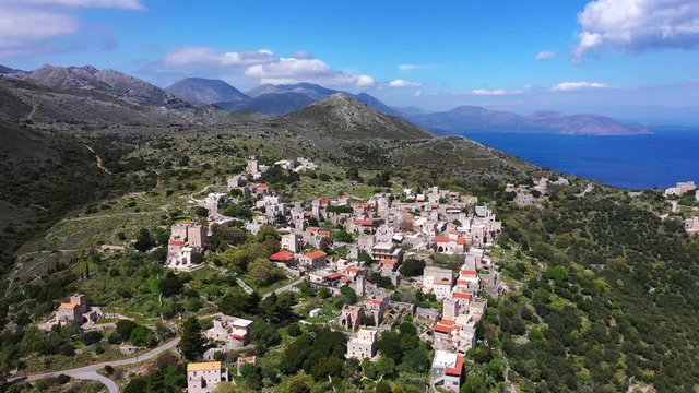 Traditional Lagia village on Mani semi-island, Peloponnese, Greece 4k aerial view