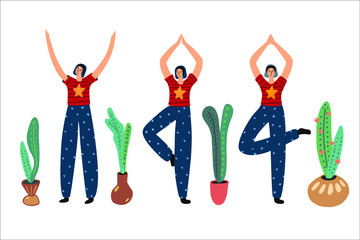 girl in pajamas practices yoga at home, hand-drawn in vector in doodle style