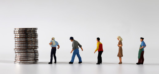 Any of various miniature people lining up beside a pile of coins.
