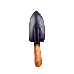 nd-drawn watercolor illustration. garden tools for plant care, gardening assistance. small black shovel with wooden handle, Provence Style. isolated