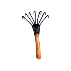 hand-drawn watercolor illustration. garden tools for plant care, gardening assistance. small black rake with wooden handle, Provence Style. isolated