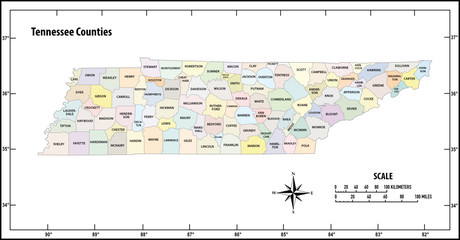 Tennessee state outline administrative and political vector map in color