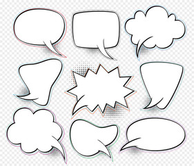 A set of comic speech bubbles and elements with halftone shadows