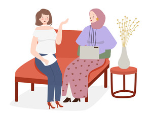 interview woman with mass media reporter. sit on sofa talk show