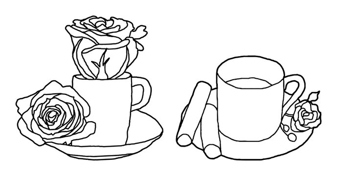 Hand drawn set of tea cups with roses, vector illustrations