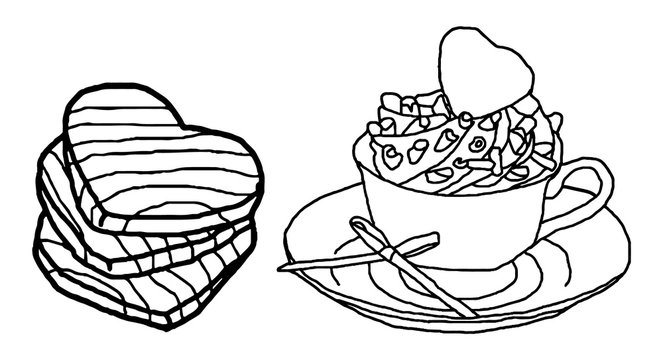 Heart cookies and hot drink with cream, vector illustrations set