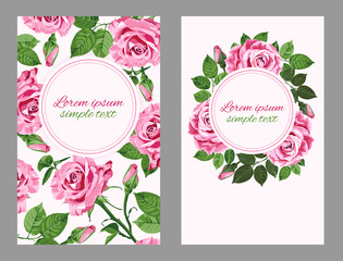 Pink roses and round frame cards set
