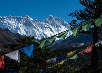 From prayer flags to mount Everest landscape view , Himalayas mountain range in Nepal
