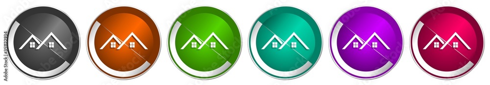 Fototapete home, house icon set, silver metallic chrome border vector web buttons in 6 colors options for webde