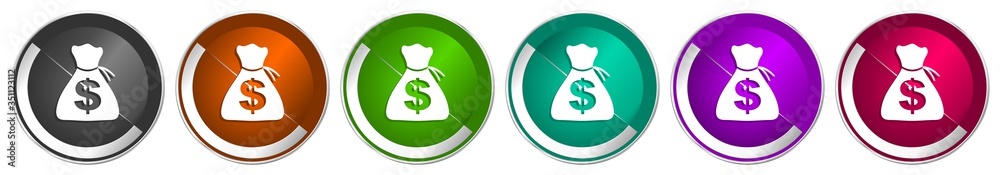 Fototapete money icon set, silver metallic chrome border vector web buttons in 6 colors options for webdesign