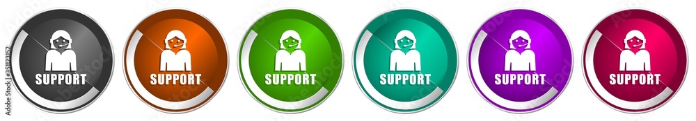 Poster Support icon set, silver metallic chrome border vector web buttons in 6 colors options for webdesign